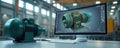 CAD software design of green energy turbine engine on PC screen. 3D rendering of efficient motor prototyping set. Engineering Royalty Free Stock Photo