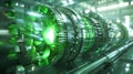 A CAD software mockup showing the design of an industrial sustainable green energy turbine engine from the inside. 3D