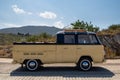 Cadaques, Spain, 01/08/2016 classic yellow and white Volkswagen pickup with roof racks