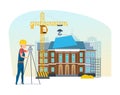 Cadastre engineer looks into lens, on background university under construction. Royalty Free Stock Photo