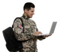 Cadet with backpack and laptop isolated on white. Military education Royalty Free Stock Photo