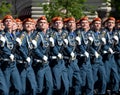 Cadets of the Academy of civil protection of EMERCOM of Russia during the parade on red square in honor of Victory day. Royalty Free Stock Photo