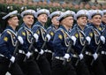 Cadets of the black sea higher naval school named after Admiral Nakhimov during the parade on red square in honor of Victory Day