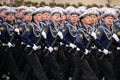 Cadets of the Black Sea Higher Naval School named after P. S. Nakhimov during the parade on Moscow`s Red Square in honor of Victor