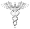 Cadeus Medical medecine pharmacy doctor acient high detailed symbol. Vector hand drawn black linear tho snakes with wings sword b