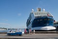 Cadillac, american classic convertible car, in front of Cruise Liner at Port of Havana, Cuba