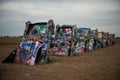 The Cadillac Ranch, along Historic Route 66 in Amarillo, Texas. Grungy, colorful. Royalty Free Stock Photo