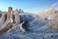 Cadini di Misurina and the Alpine Refuge Fratelli Savio Fonda, Dolomites. Royalty Free Stock Photo