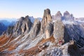 Cadini di Misurina and the Alpine Refuge Fratelli Savio Fonda, Dolomites. Royalty Free Stock Photo