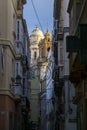 Cadiz Cathedral Tower Sunlit between NArrow Streets Andalusia Royalty Free Stock Photo