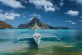 Cadlao panorama with Traditional filippino banca boat in front. Exotic tropical El Nido bay, Palawan Island, Philippines Royalty Free Stock Photo