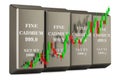 Cadmium bars with candlestick chart, showing uptrend market. 3D rendering