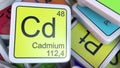 Cadmium Cd block on the pile of periodic table of the chemical elements blocks. Chemistry related 3D rendering