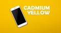 Cadmium yellow color title, poster, simple flat background with blank smartphone, copy space