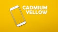 Cadmium yellow color title, poster, simple flat background with smartphone, copy space