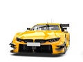 Cadmium yellow modern super car - front view closeup shot