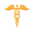 Caduceus, ancient gold symbol of medicine and health. Golden pole with wings and snakes. Roman serpents around metal rod