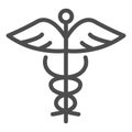 Caduceus line icon. Paramedic shape with snake and wings symbol, outline style pictogram on white background. Medicine