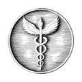 Caduceus logo hand drawing in coin style vintage black and white clipart isolated on white background