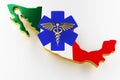 Caduceus sign with snakes on a medical star. Map of Mexico land border with flag. 3d rendering Royalty Free Stock Photo