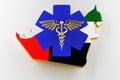 Caduceus sign with snakes on a medical star. Map of UAE land border with flag. 3d rendering Royalty Free Stock Photo