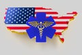 Caduceus sign with snakes on a medical star. Map of USA land border with flag. 3d rendering Royalty Free Stock Photo