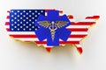 Caduceus sign with snakes on a medical star. Map of USA land border with flag. 3d rendering Royalty Free Stock Photo