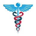 Caduceus symbol made using bird wings and poisonous snakes.