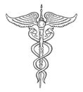 Caduceus symbol. Wand, or staff with two snakes intertwined around it. Hermes or Mercury Greco-Egyptian mythology. Hand