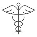 Caduceus thin line icon. Paramedic shape with snake and wings symbol, outline style pictogram on white background Royalty Free Stock Photo