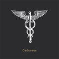 Caduceus, vector illustration in engraving style. Vintage pastiche of esoteric and occult sign. Drawn sketch.