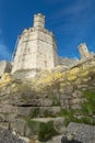 Caernarfon Castle,low angle view of sea wall and steps,from banks of the River Seiont at low tide,Wales,United Kingdom Royalty Free Stock Photo