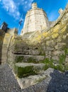 Caernarfon Castle,low angle view of sea wall and steps,from banks of the River Seiont at low tide,Wales,United Kingdom Royalty Free Stock Photo