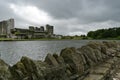 Caerphilly castle under threatening sky