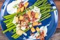 Caesar asparagus with sliced parmesan cheese bacon and crouton gourmet cuisine dish