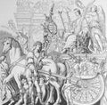 The Caesar`s Triumph by Andrea Mantegna, an Italian painter in the old book Histoire des Peintres, by M. Blanc, 1868, Paris