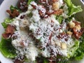 Caesar Salad with bacon. Gourmet. Fresh Salad dish. Close up.