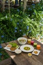 Caesar salad bowl, Kale soup, Thai shrimp paste and chilli served with kale omlete, rice and many color of cold press juice Royalty Free Stock Photo