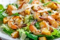 Caesar Salad, Cesar Salat or Barbecue Shrimps Ceasar with Green Lettuce, Grated Parmesan Cheese Royalty Free Stock Photo