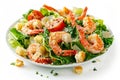 Caesar Salad, Cesar Salat or Barbecue Shrimps Ceasar with Green Lettuce, Grated Parmesan Cheese Royalty Free Stock Photo