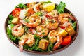 Caesar Salad, Cesar Salat or Barbecue Shrimps Ceasar with Green Lettuce, Grated Parmesan Cheese Royalty Free Stock Photo