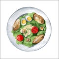 Caesar salad with chicken breast, croutons, eggs and tomatoes. Vector Royalty Free Stock Photo