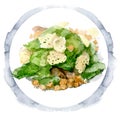 Caesar salad with chicken breast, croutons, eggs and tomatoes. Watercolor illustration isolated on white background.