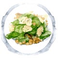 Caesar salad with chicken breast, croutons, eggs and tomatoes. Watercolor illustration isolated on white background Royalty Free Stock Photo