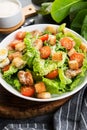 Caesar salad with chicken fillet, cherry tomatoes and croutons, traditional Italian food Royalty Free Stock Photo
