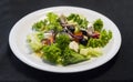 Caesar salad with chicken fillet and parmesan cheese, onion, olives, salad. Royalty Free Stock Photo