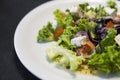 Caesar salad with chicken fillet and parmesan cheese, onion, olives, salad. Royalty Free Stock Photo