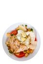 Caesar salad with croutons, cheese, eggs, tomatoes and grilled chicken. top view. isolated Royalty Free Stock Photo