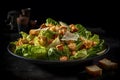 Caesar salad with grilled chicken, croutons, quail eggs and cherry tomatoes on wooden rustic table. Neural network AI Royalty Free Stock Photo