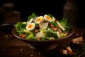 Caesar salad with grilled chicken, croutons, quail eggs and cherry tomatoes on wooden rustic table. Neural network AI Royalty Free Stock Photo